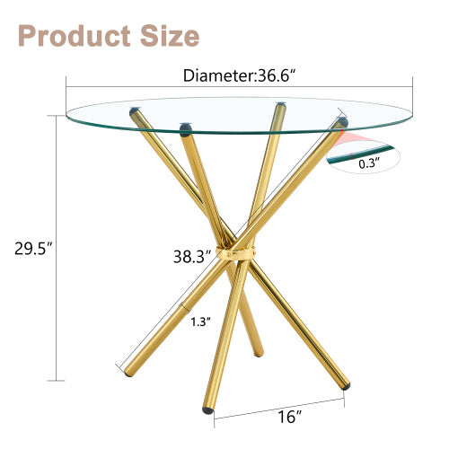 Round Clear Glass Dining Table With A Unique Shape For 4-6 People, Ring-shaped Gold Metal Legs, Suitable For Desks, Kitchens, Terraces, Dining Rooms. Unavailable Platforms- AliExpress