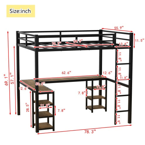 Full Metal Loft Bed With Desk And Shelves, Loft Bed With Ladder And Guardrails, Loft Bed Frame For Bedroom