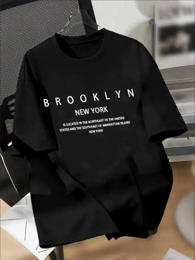 Brooklyn New York Boys' Casual T-Shirt  Machine Washable, Round Neck, Geometric Pattern, Perfect For Spring Summer