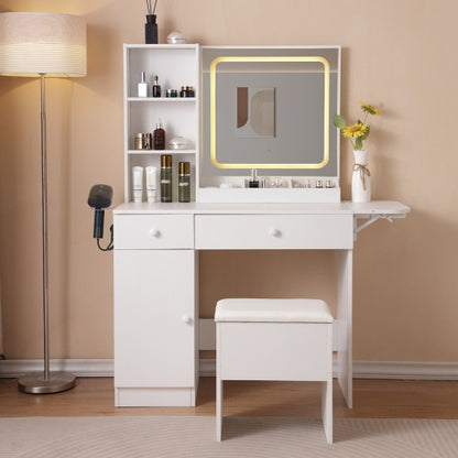 Vanity Desk With Lighted Mirror & Power Outlet, Makeup Vanity Desk With Drawers And Large Storage Cabinet For Bedroom, 3 Lighting Modes Adjustable Brightness, Storage Stool, White