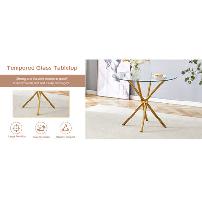 Round Clear Glass Dining Table With A Unique Shape For 4-6 People, Ring-shaped Gold Metal Legs, Suitable For Desks, Kitchens, Terraces, Dining Rooms. Unavailable Platforms- AliExpress