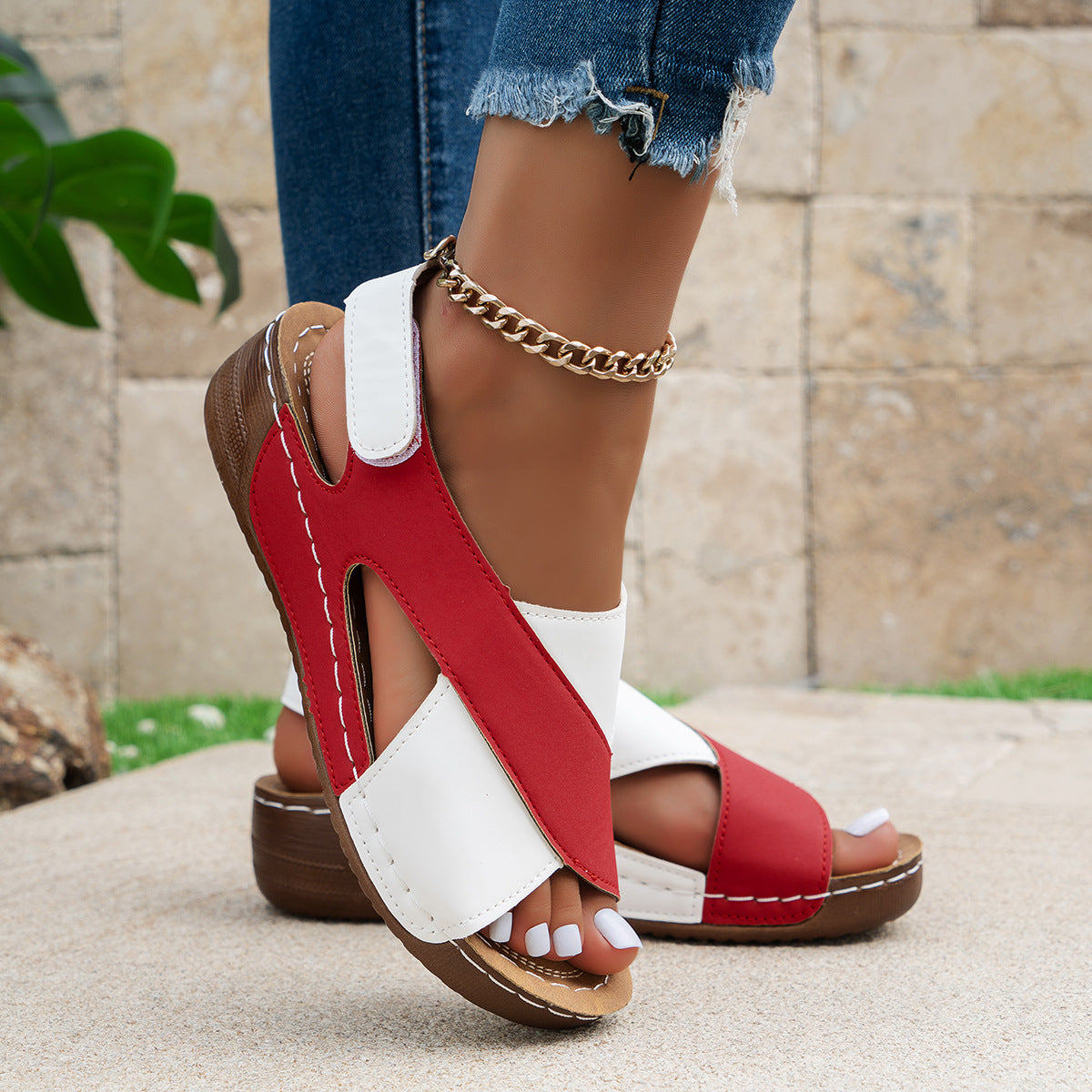 Summer Wedges Sandals With Colorblock Cross-strap Design Casual Thick-soled Roman Shoes For Women