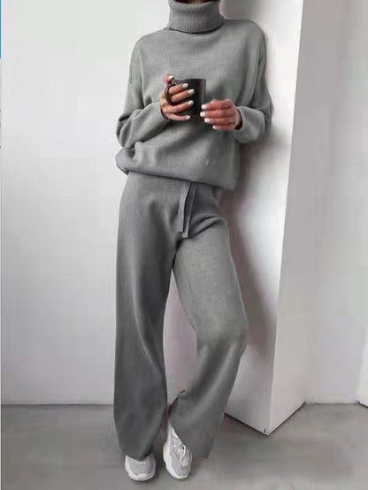 Casual Fashion Suits For Women Turtleneck Sweater And Drawstring Straight Pants