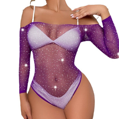 Women's Rhinestone Underwear Long Sleeve Fishnet Clothes