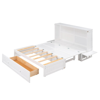 Queen Size Mobile Murphy Bed With Drawer And Little Shelves On Each Side,White