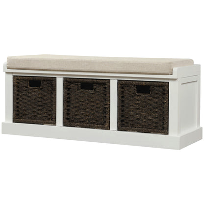 Rustic Storage Bench With 3 Detachable Classic Rattan Baskets