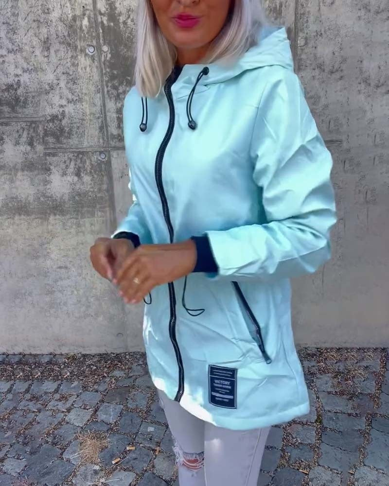 Solid Color Hooded Zipper Drawstring Waist Trimming Coat