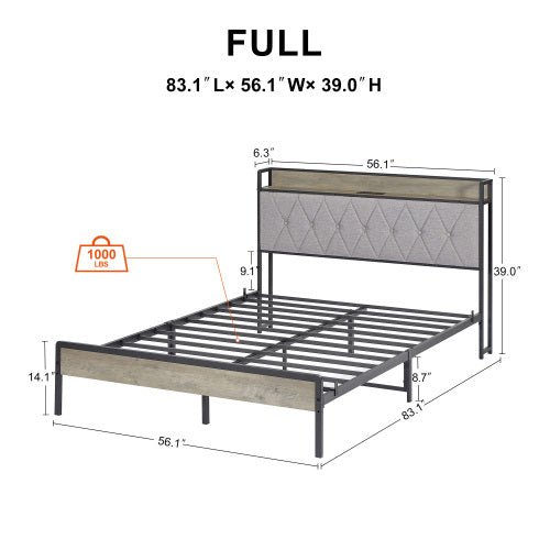 Bed Frame With Charging Station Full Size, Grey