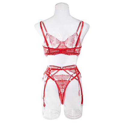 Christmas Red New Style Machine Embroidery Three-piece Underwear For Women