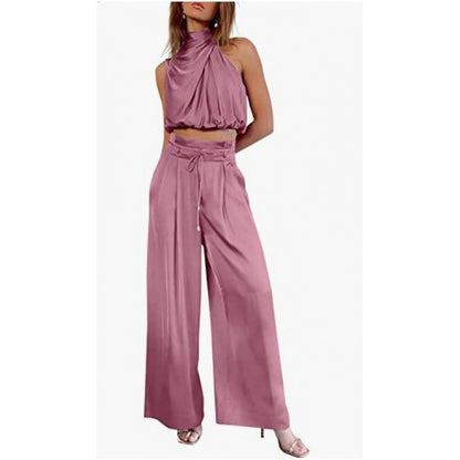 Summer Suits Casual Sleeveless Midriff-baring Top And Wide Leg Pants 2pcs Set Womens Clothing