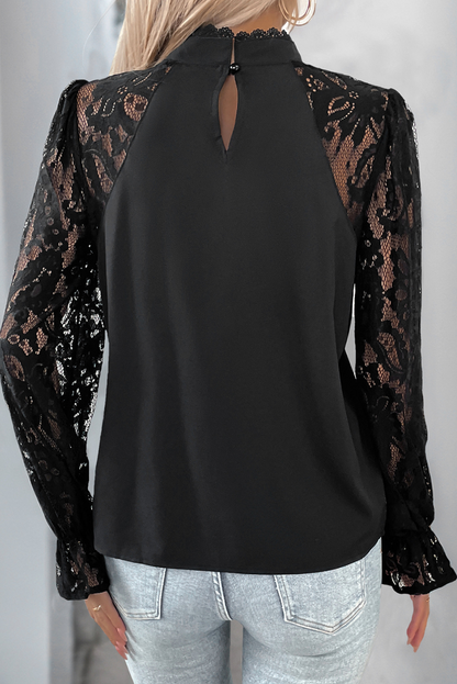 Black Elegant Scallop Neck Lace Sleeve Blouse