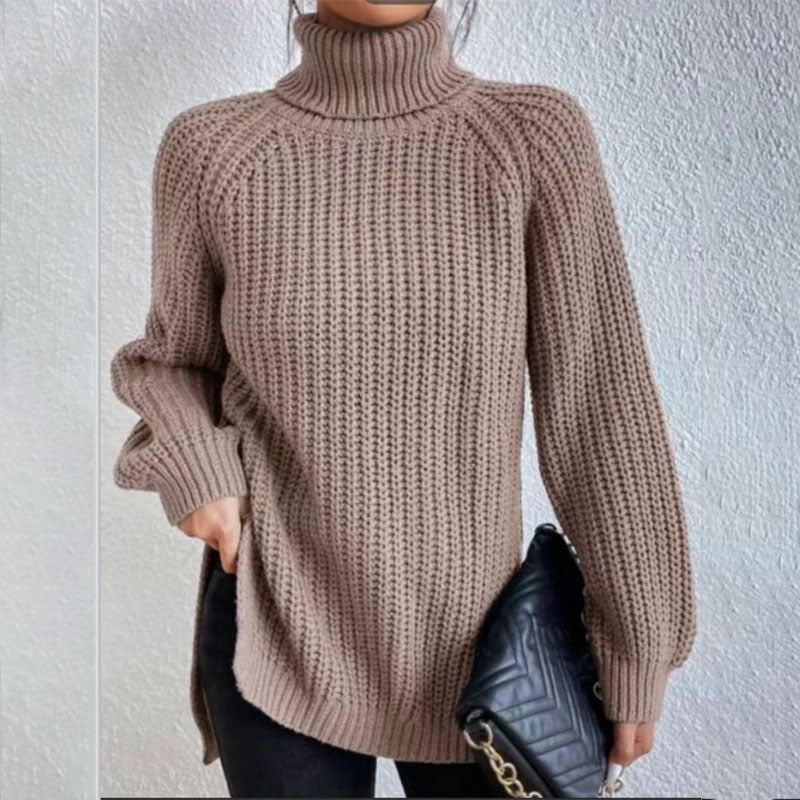 Turtleneck Pullover Sweater With Split Design Fashion Simple Solid Color Long Sleeve Tops Women's Clothing