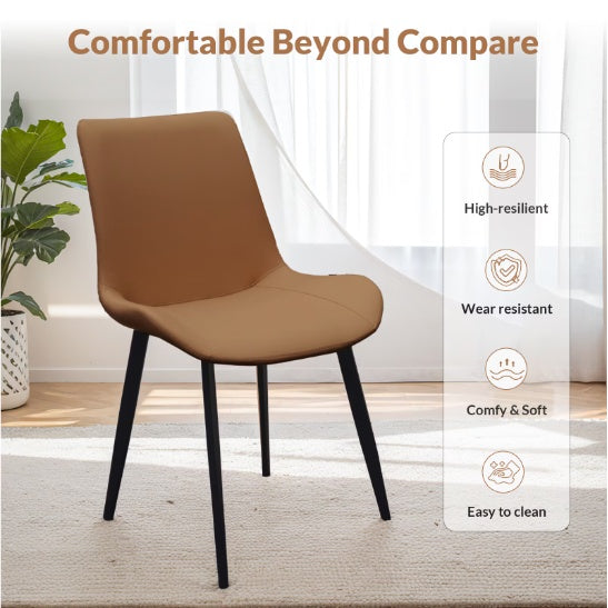 Brown PU Leather Dining Chair With Metal Legs, Modern Upholstered Chair Set Of 4 For Kitchen