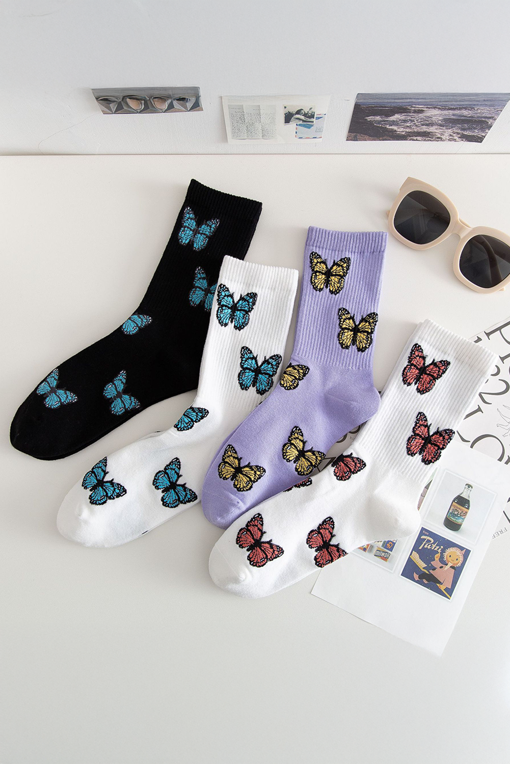 White Allover Butterfly Print Crew Socks