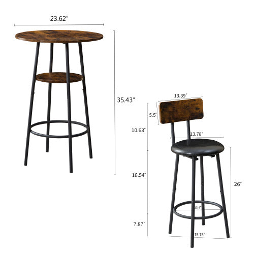 Three-piece Round Dining Table, Two-tier Small Dining Table With Storage Space, Two Upholstered Bar Chairs With Backrests