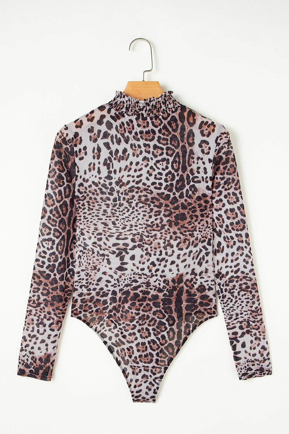 Brown Allover Leopard Print Smocked Neck Mesh Bodysuit