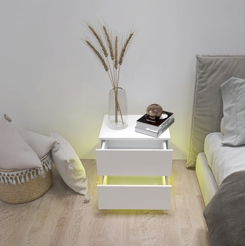 White Color High Glossy 2 Drawers Bedside Table With RGB Led Light Nightstand With Bluetooth Control