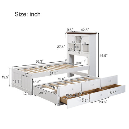 Solid Pine Captain Bookcase Bed With Trundle Bed And 3 Spacious Under Bed Drawers In Casual,Twin, White Walnut