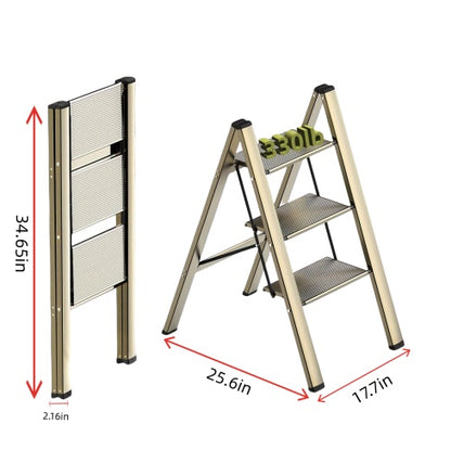 3 Step Ladder, Aluminum Alloy Ladder, Folding Ladder, With Wide Non-skid Pedals 300 Lb Capacity Home Office Portable Ladder, Light And Strong Compact, Can Be Used In The Study Bedroom Kitchen Office