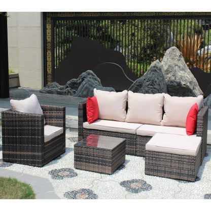 Rattan Patio Furniture Set Wicker Sofa Cushioned Sectional Furniture Set Garden Patio Sofa Set 4 Pieces, Brown