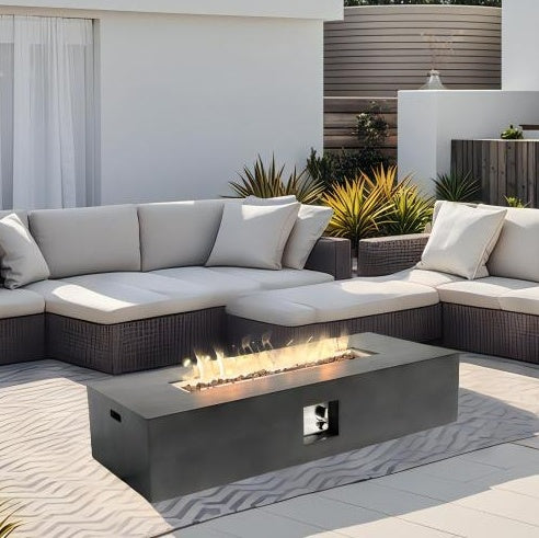 56 Fire Pit Table For Outside, 50,000 BTU Large Rectangular Stone Gas Fire Pit With Lava Rocks  Rain Cover