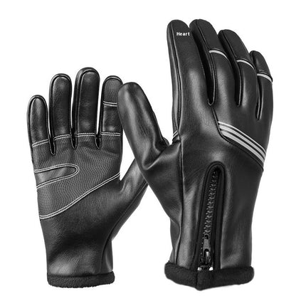 Winter Fleece-lined Thermal And Windproof Riding Leather Gloves