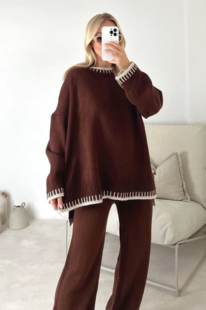 Women's Suit Fashion Pullover Split Long-sleeved Top And Loose Straight Pants Solid Color Two-piece Set