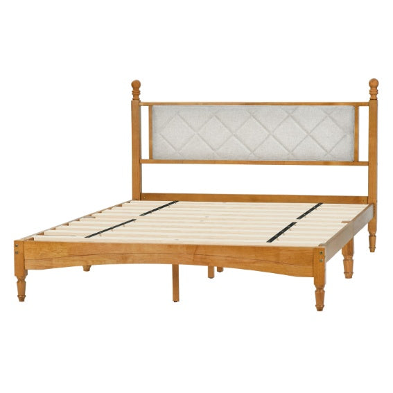 Wooden Bed Frame With Upholstered Headboard In Fabric, Solid Rubberwood With Wooden Central Support