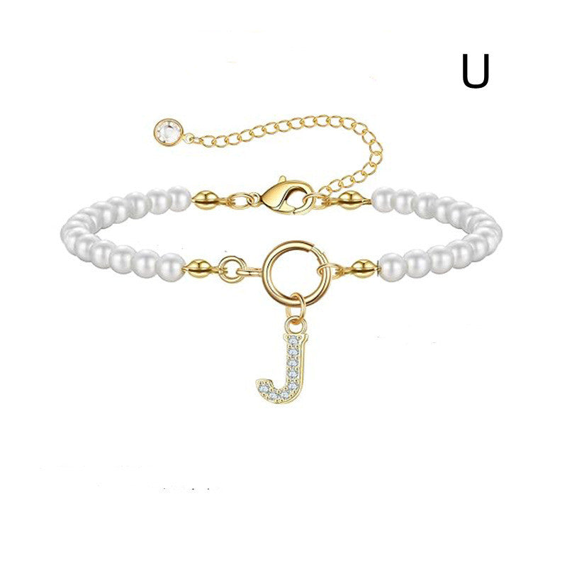 2024 New Fashion Toggle Clasp Initial Bracelet Women A-Z Letter Pendant 6mm Pearl Bracelet For Women Jewelry Gift