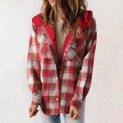 Casual Plaid Hooded Woolen Coat Thickened Fleece-lined Warm Jacket