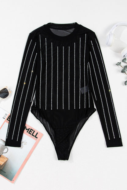 Black Rhinestone Striped Mesh Long Sleeve Bodysuit