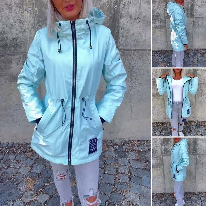 Solid Color Hooded Zipper Drawstring Waist Trimming Coat