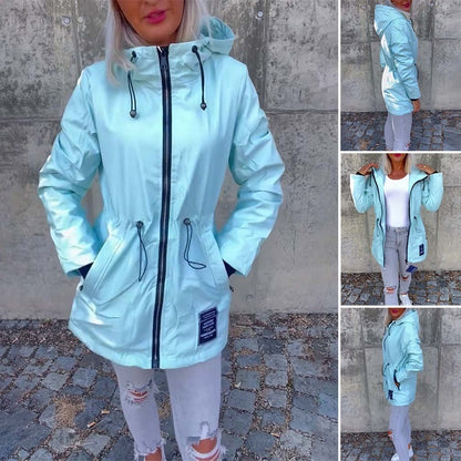 Solid Color Hooded Zipper Drawstring Waist Trimming Coat