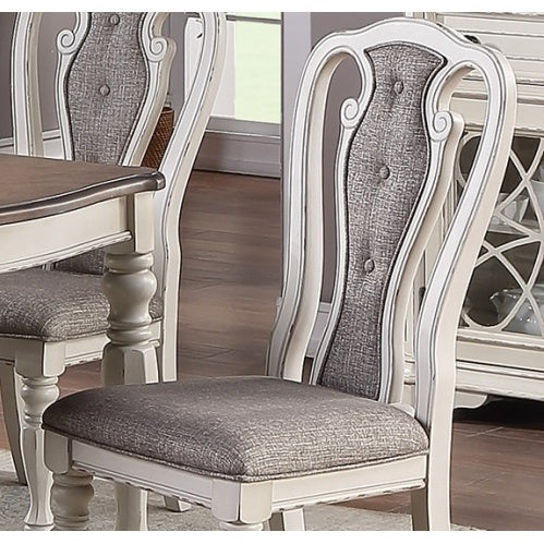 Antique White Set Of 2 Dining Chairs Grey Upholstered Tufted Unique Design Chairs Back Cushion Seat Dining Room