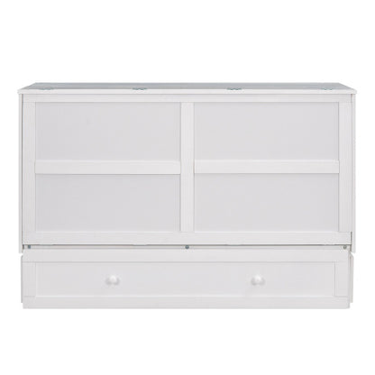 Queen Size Mobile Murphy Bed With Drawer And Little Shelves On Each Side,White