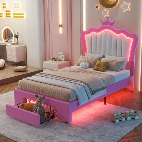 Twin Size Upholstered Bed Frame With LED Lights, Modern Upholstered Princess Bed With Crown Headboard, A Drawer