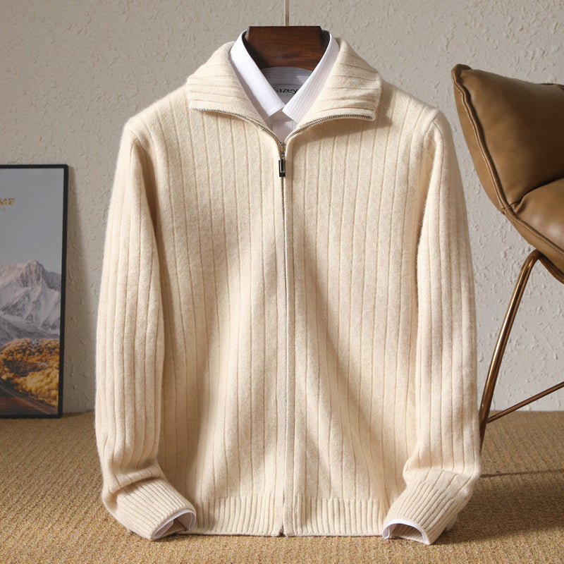 Pure Wool Sweater Men's Lapel Full Zipper