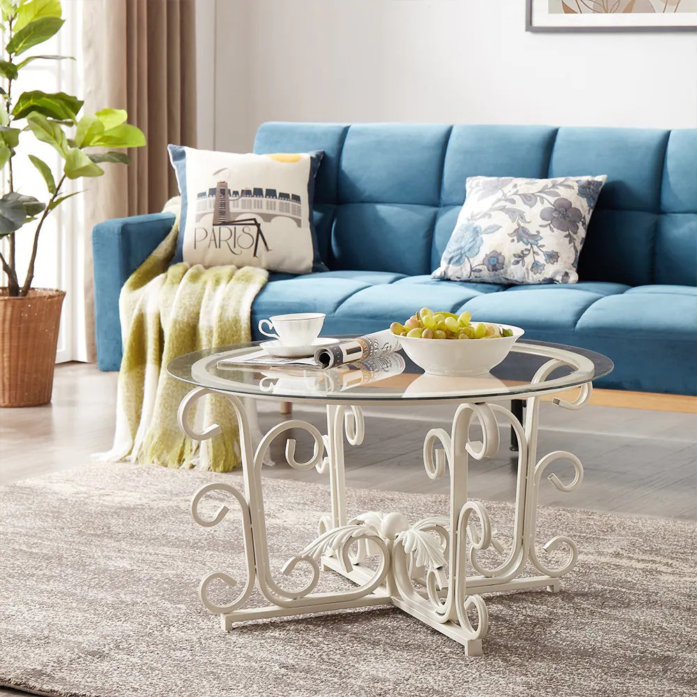 Round Tempered Glass Coffee Table With Metal Leaf Base, Casual Cocktail Table With Tempered Glass Top