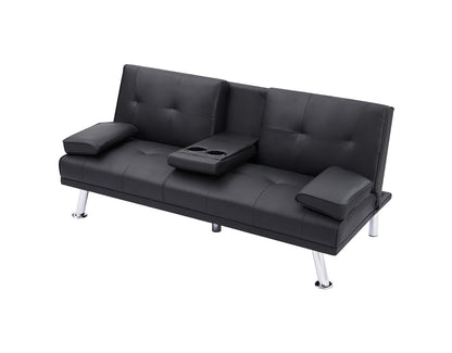 Black PU 66inch Sleeper Sofa,2-seat Sofa With Cup Holder, Folding Sofa Bed, Accompany Two Head Pillows